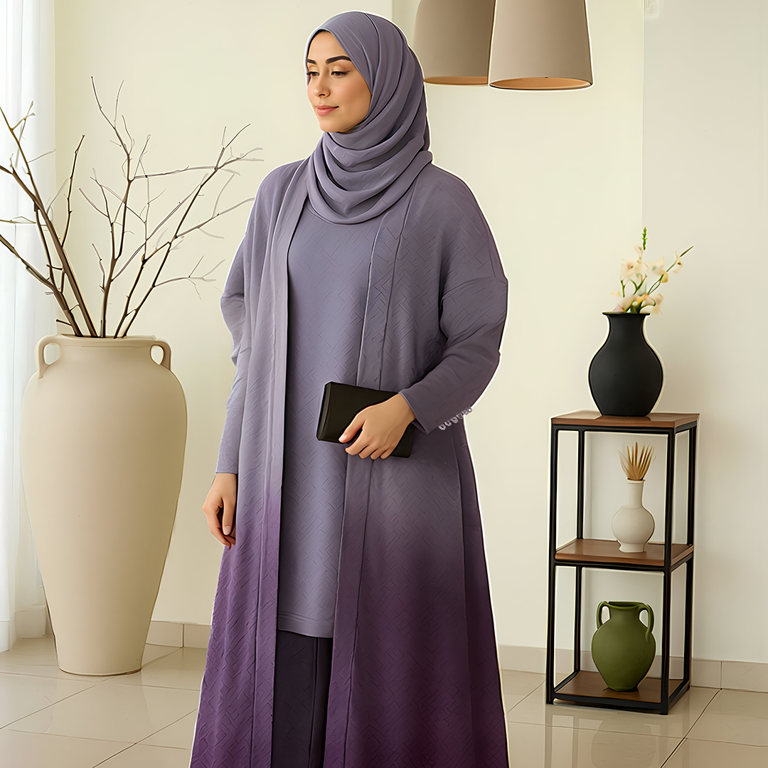 Luxury Ombre 3-Piece Abaya Set – Modern Modest Wear with Gradient Kimono, Inner Dress & Hijab